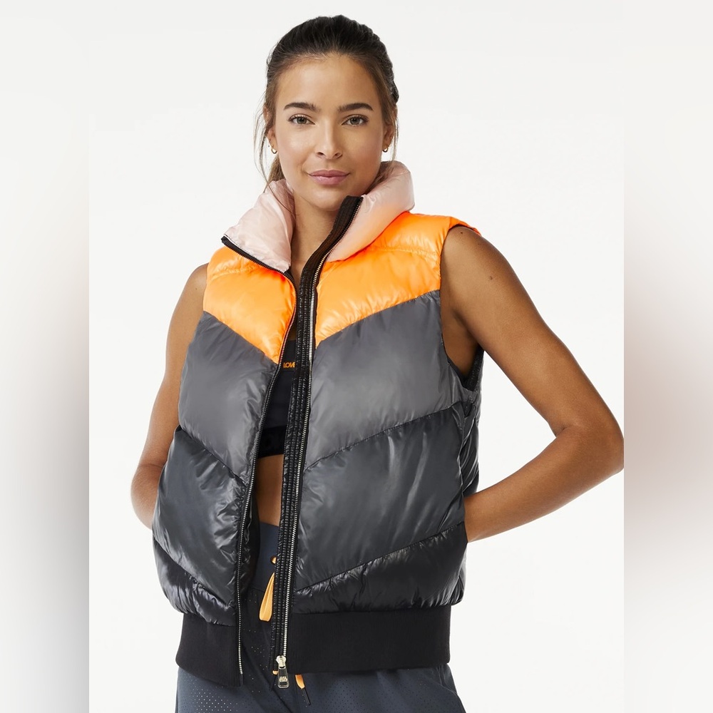 Love & Sports Women's Colorbocked Puffer Vest Orange Pink Black Full Zip Size XL